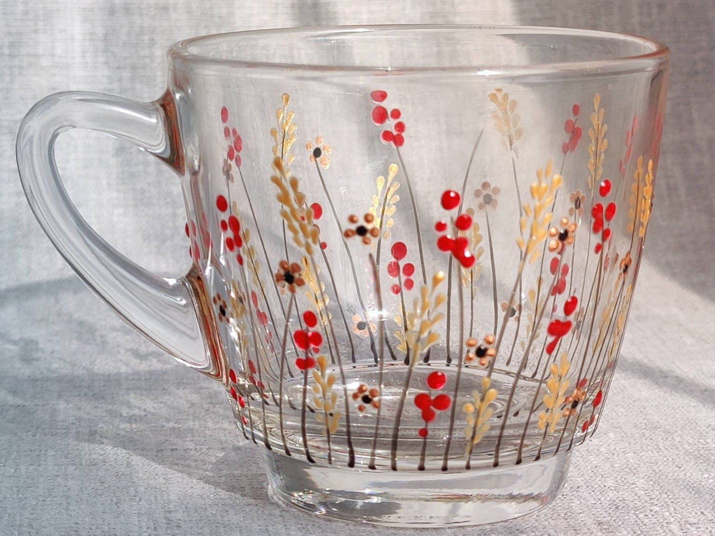 Hand-painted 'Autumn Meadow design glass mug