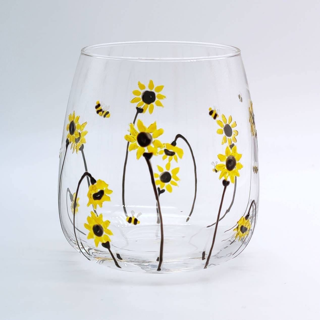 Hand-painted 'Sunflower & bee' design Stemless Wine Glass