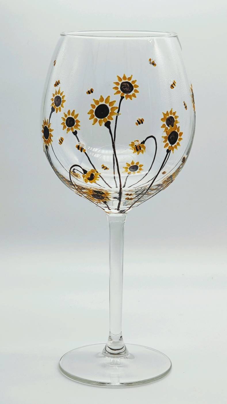 Hand-painted 'Bee & Sunflower' design Large Wine Glass