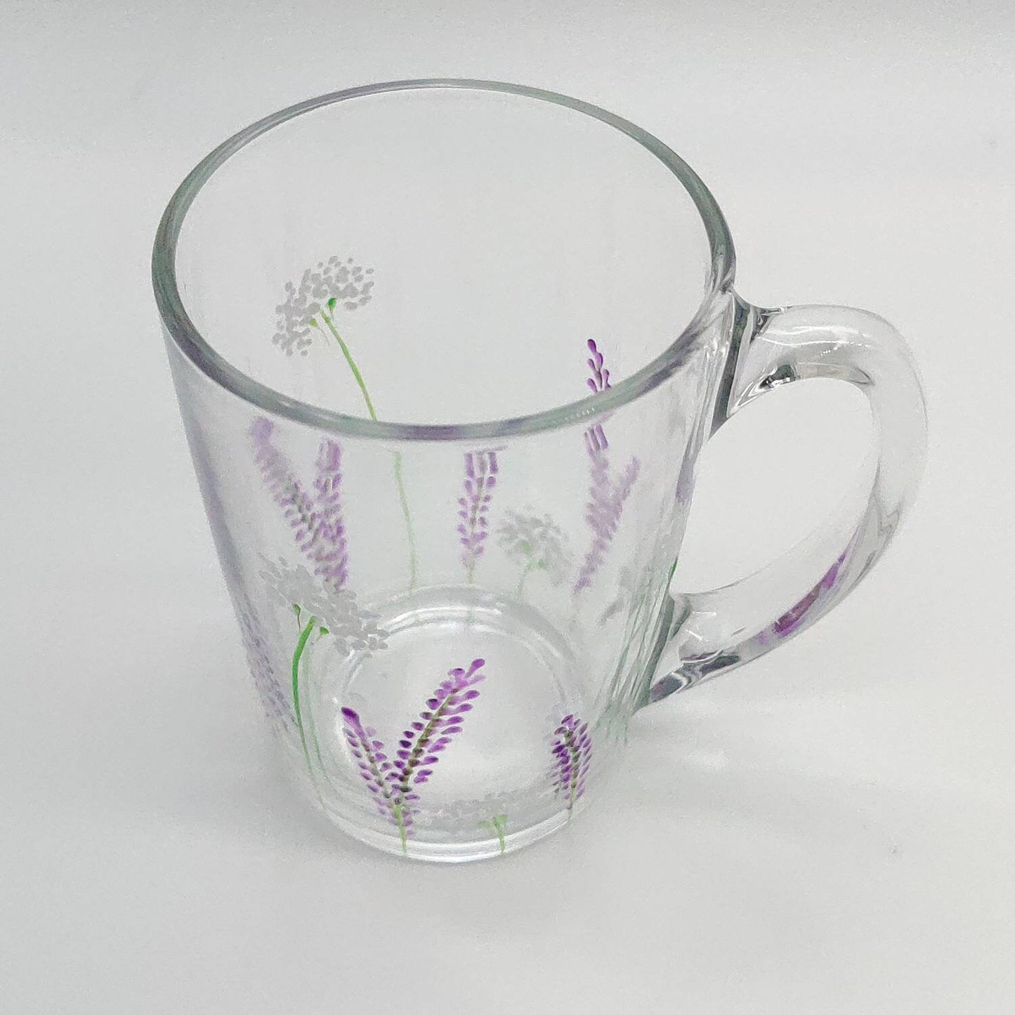 Lavender design hand painted glass mug, tea/coffee mug