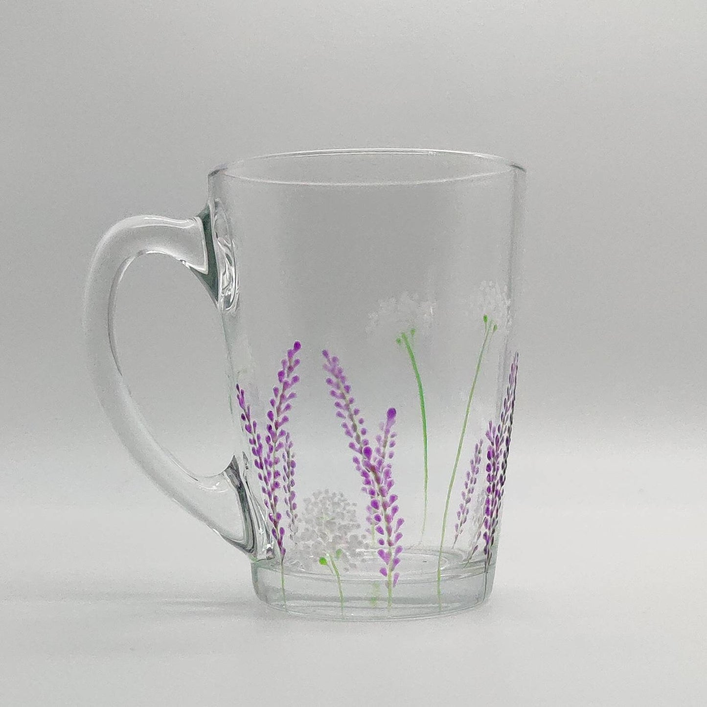 Lavender design hand painted glass mug, tea/coffee mug