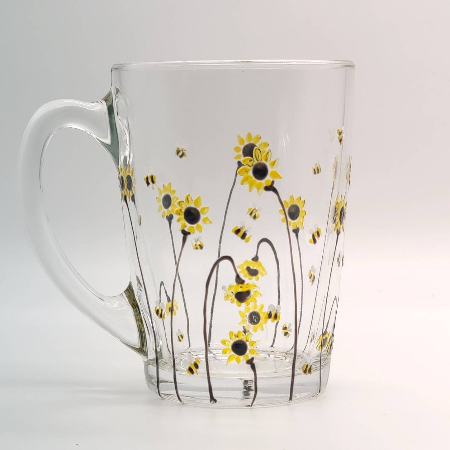 Bee & Sunflower hand painted glass mug