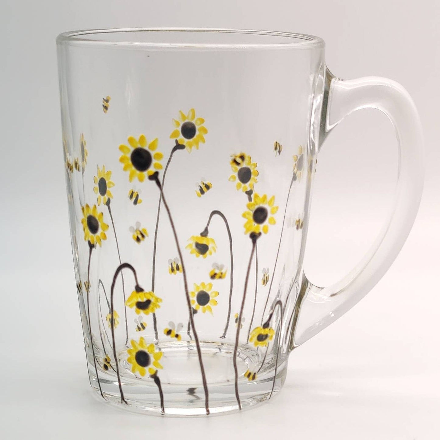 Bee & Sunflower hand painted glass mug