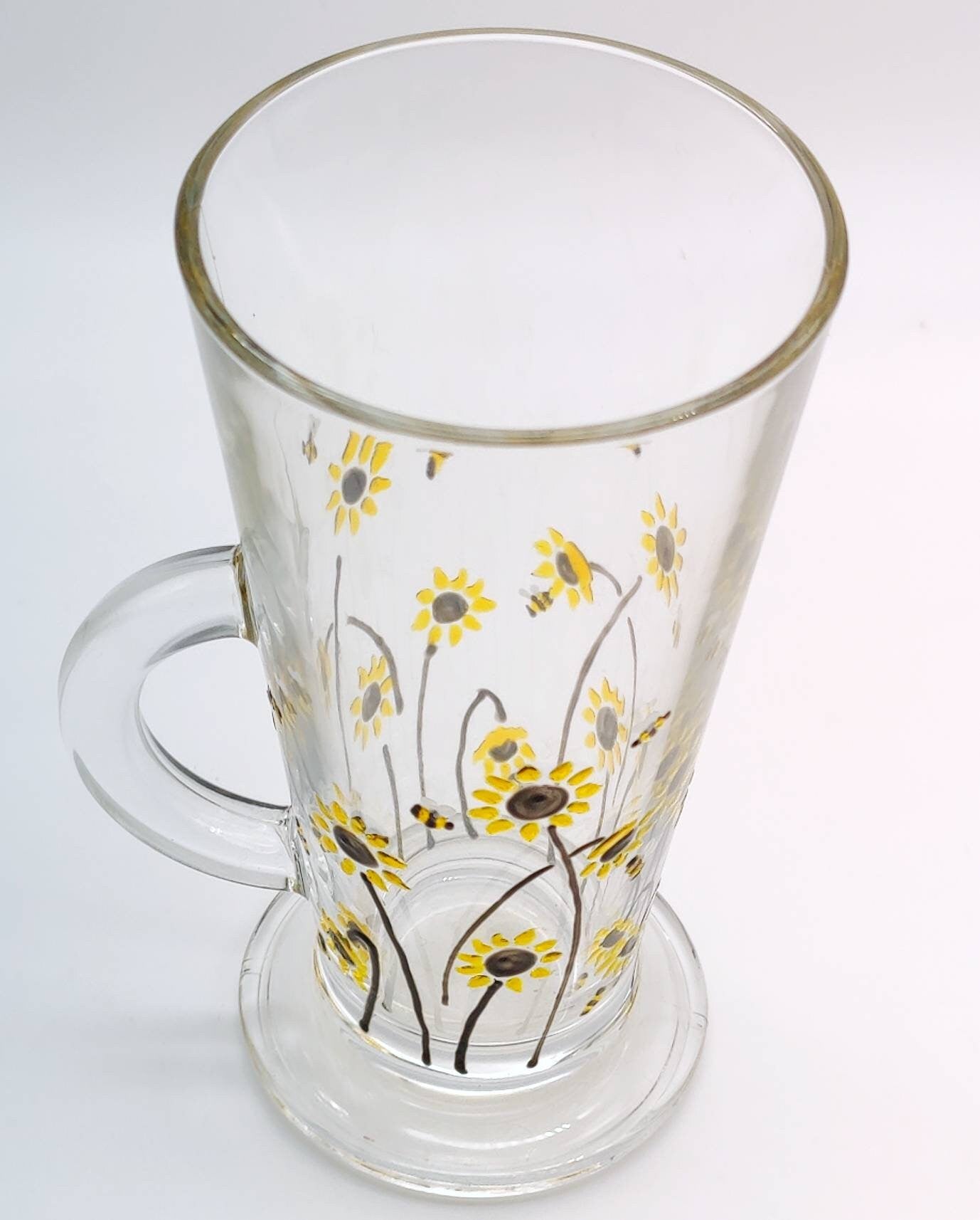 Bee & Sunflower hand painted glass latte mug