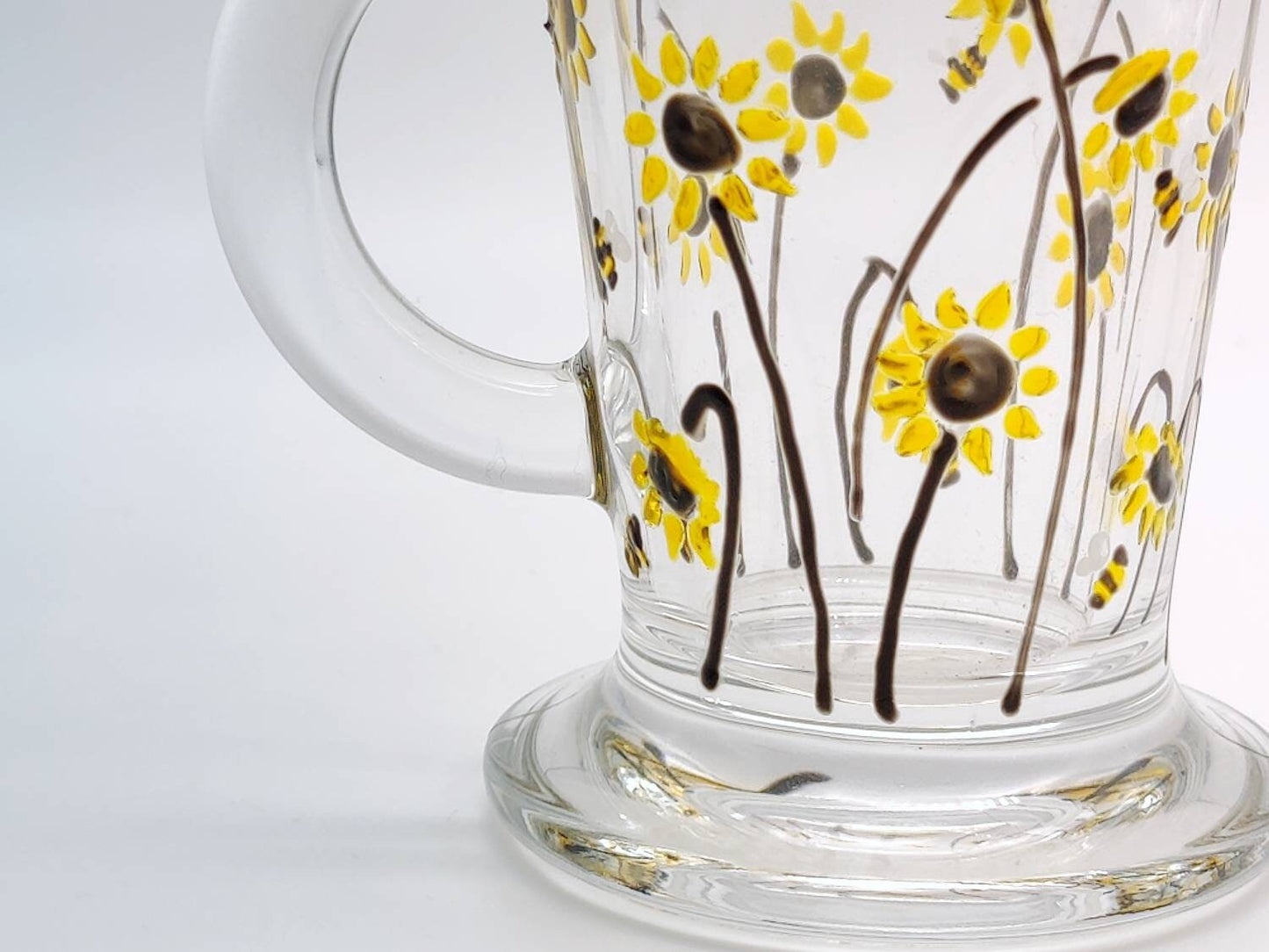 Bee & Sunflower hand painted glass latte mug